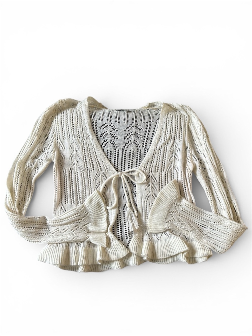 Open-Knit Tie-Front Cardigan Sweater in Cream